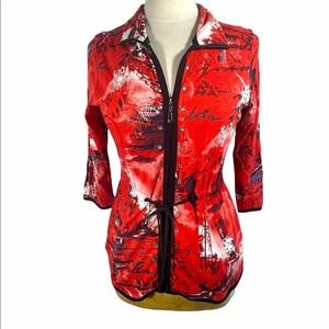 Onque Casuals Red Full Zip Boat Theme Blouse Small